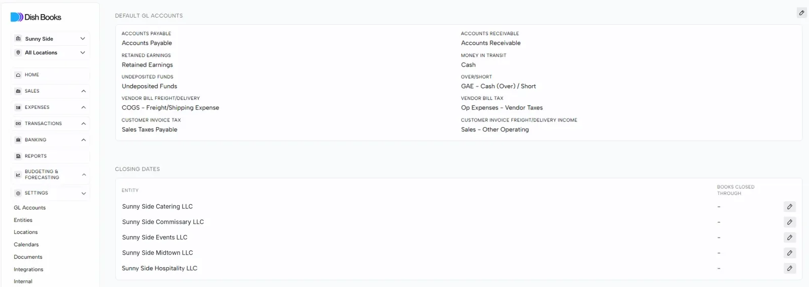 The Accounting settings page listing default GL accounts and closing dates by entity
