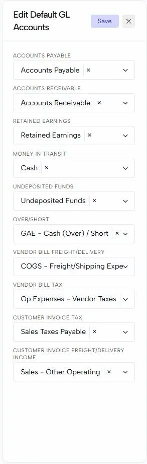 The Edit Default GL Accounts panel with a dropdown for each default account