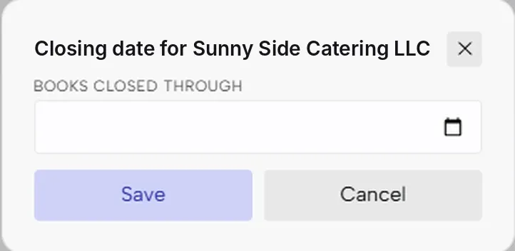 The closing date dialog with a Books closed through date field