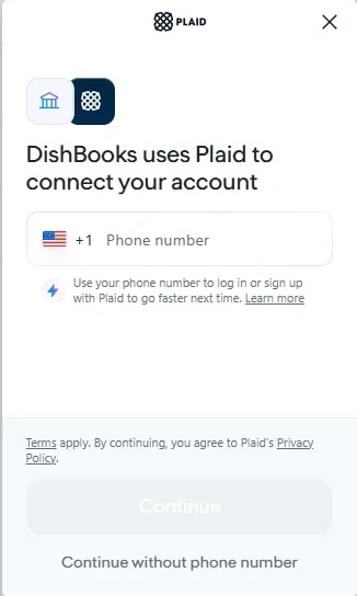 Plaid’s connect window asking for a phone number