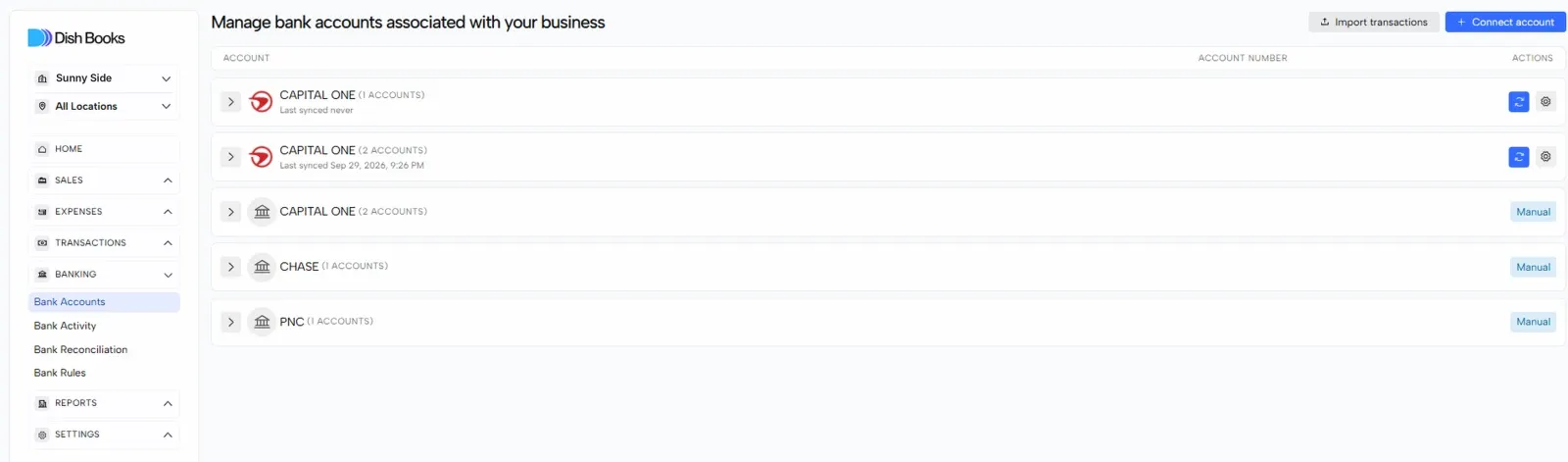 The Bank Accounts page listing accounts grouped by bank