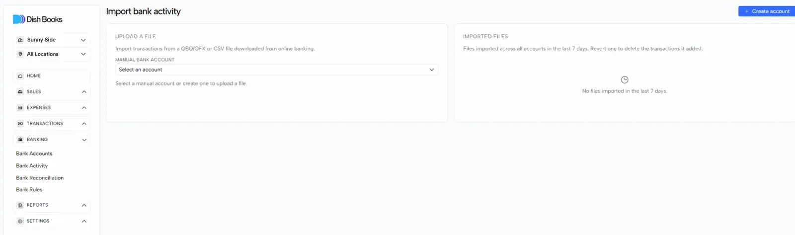 The Import bank activity page with an account picker and a list of imported files