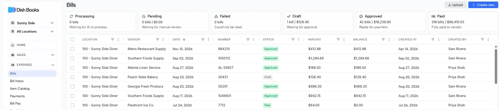 The Bills list with status cards for Processing, Pending, Failed, Draft, Approved and Paid