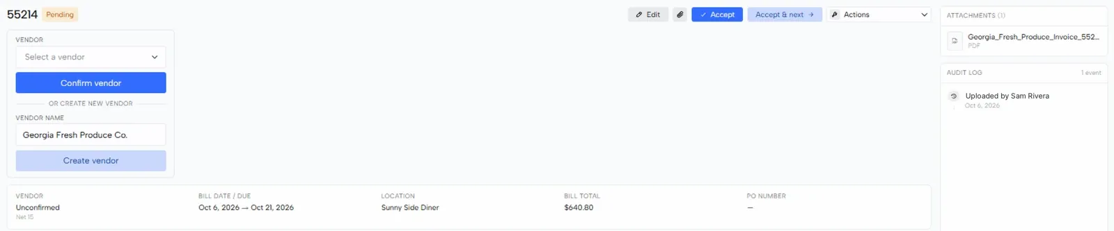 A pending bill showing the vendor confirmation, summary bar, attachments and audit log