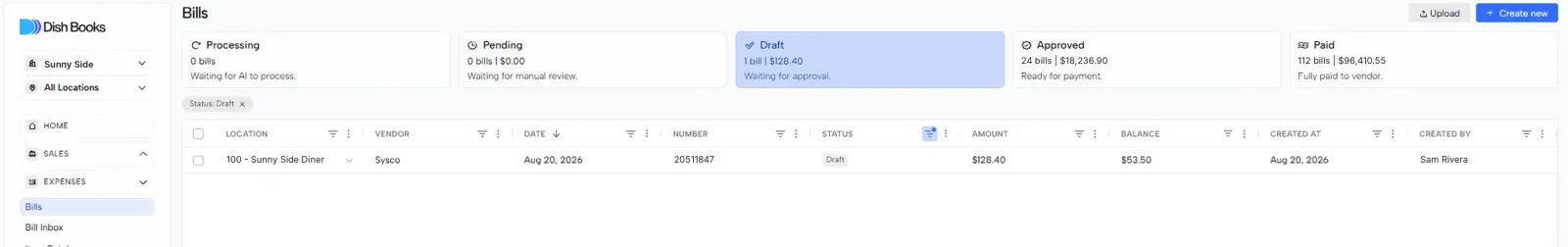 The Bills list filtered to Draft bills