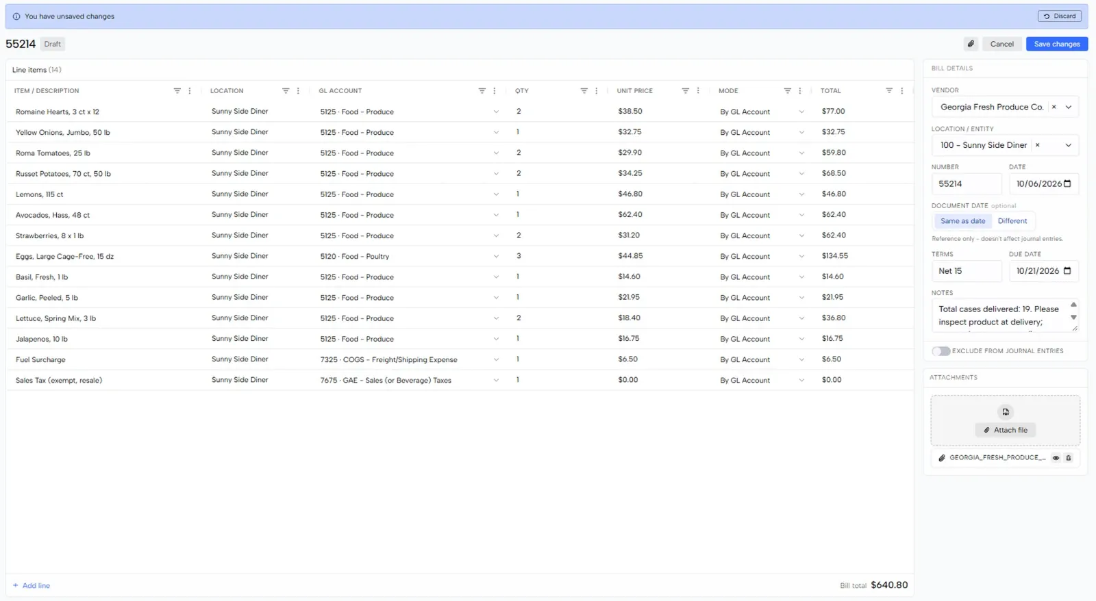 A bill in edit mode with line items on the left and bill details on the right
