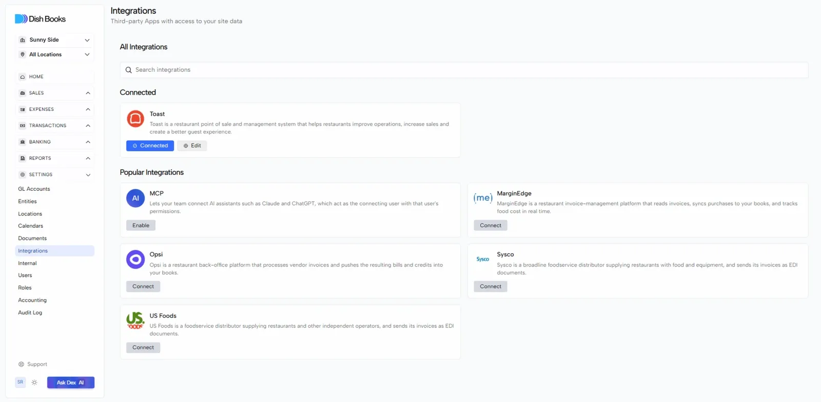 The Integrations page with a Connect button on the MarginEdge card