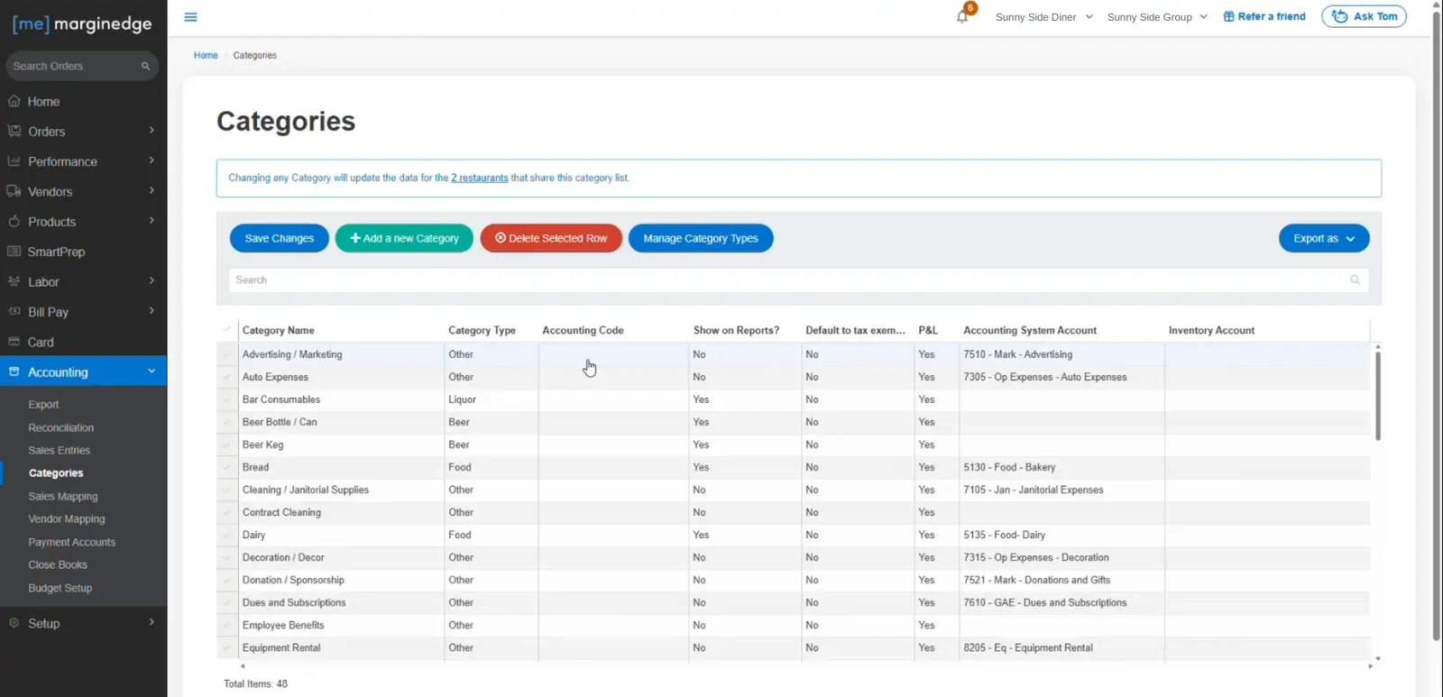 MarginEdge’s Categories page with an Accounting System Account column