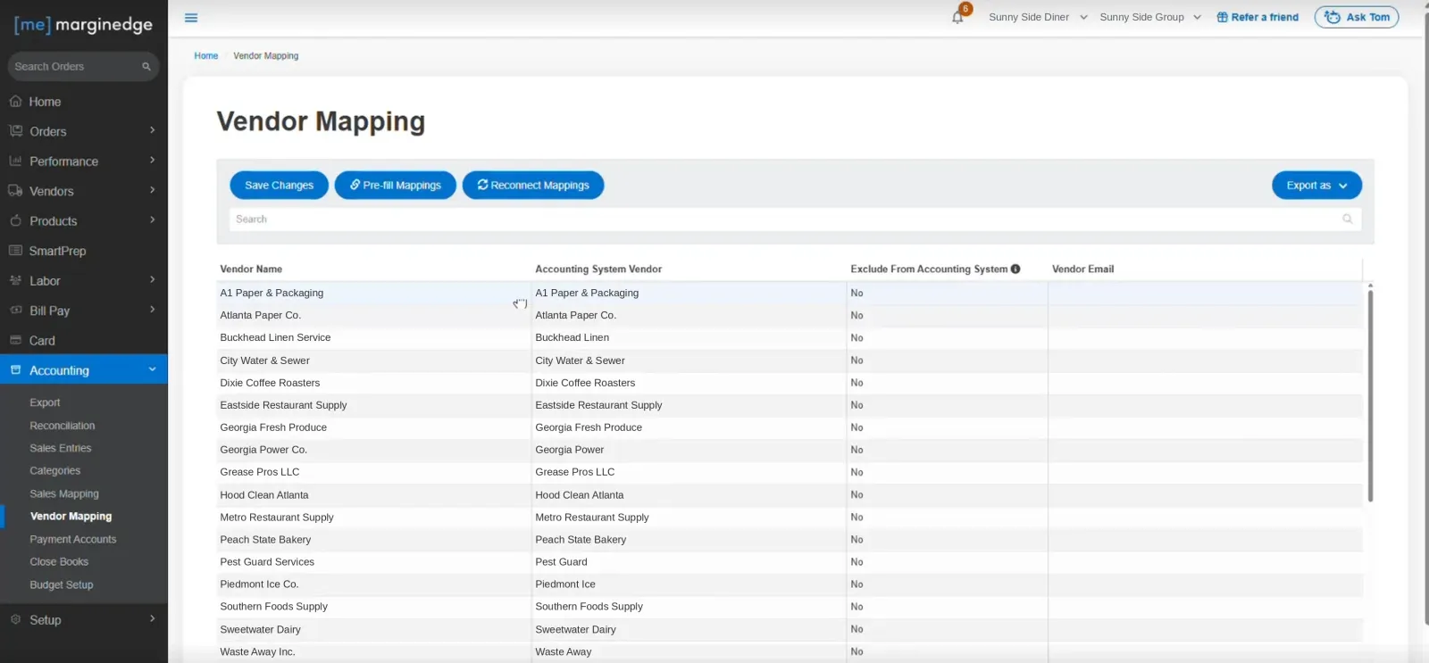 MarginEdge’s Vendor Mapping page with an Accounting System Vendor column