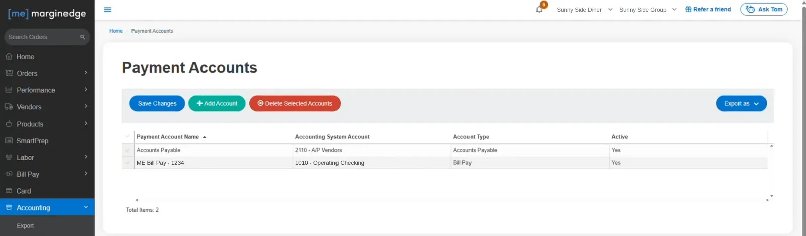 MarginEdge’s Payment Accounts page with Accounts Payable mapped