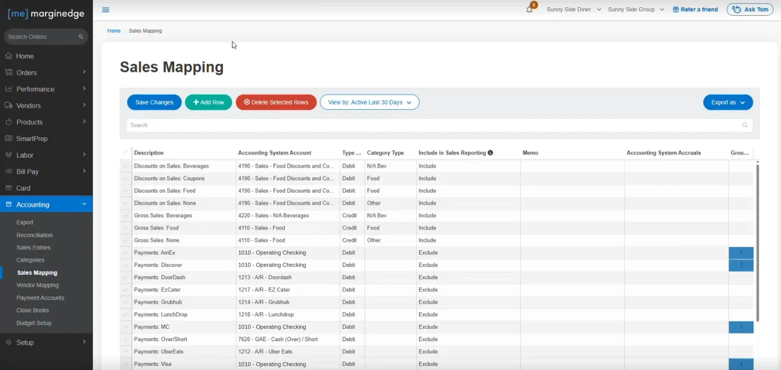 MarginEdge’s Sales Mapping page with an Include in Sales Reporting column