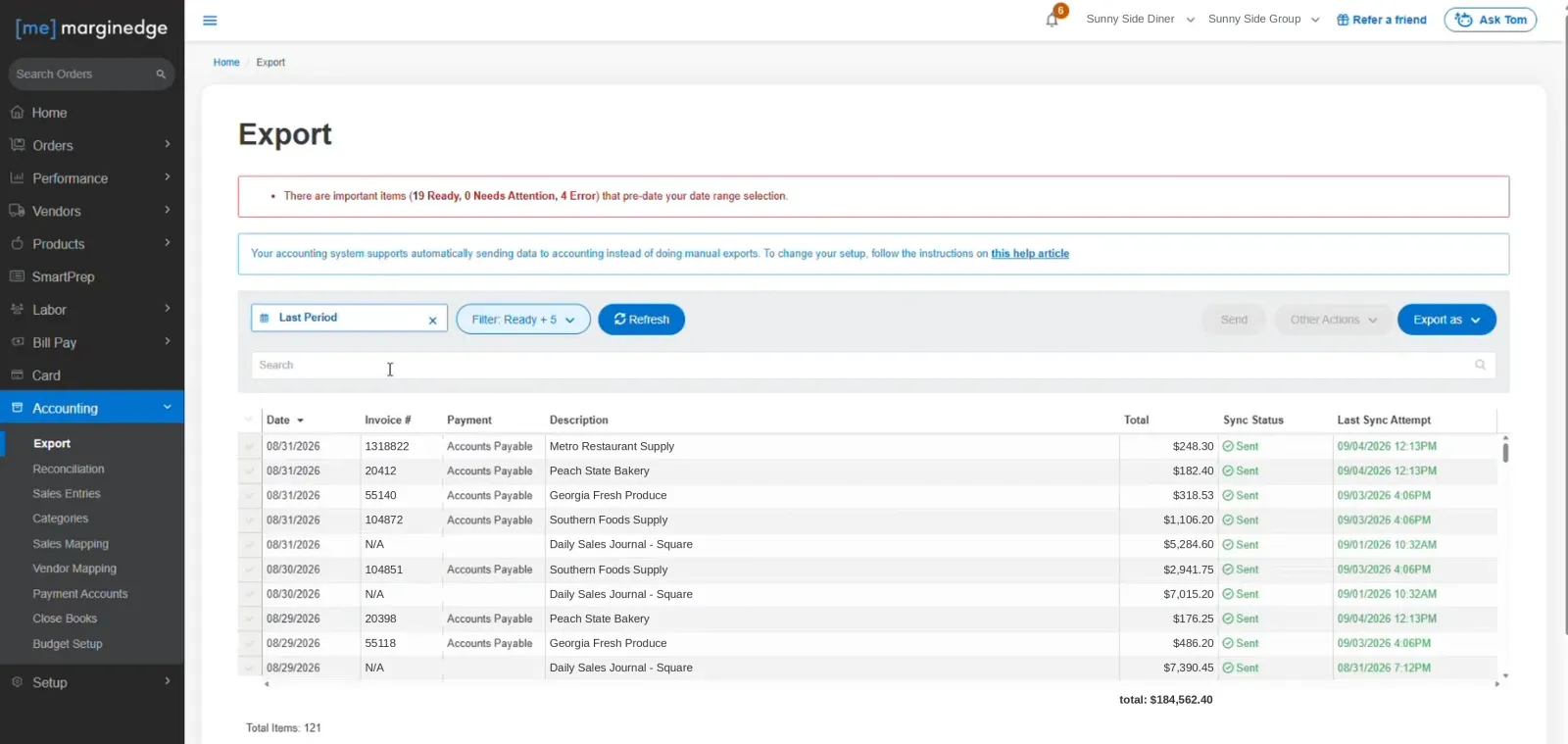 MarginEdge’s Export page listing invoices with their sync status