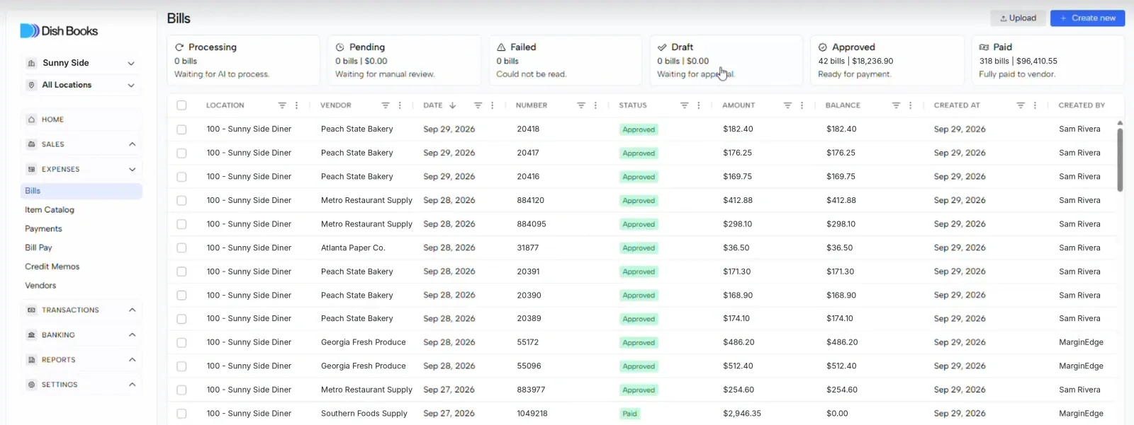 The DishBooks Bills list with MarginEdge in the Created by column