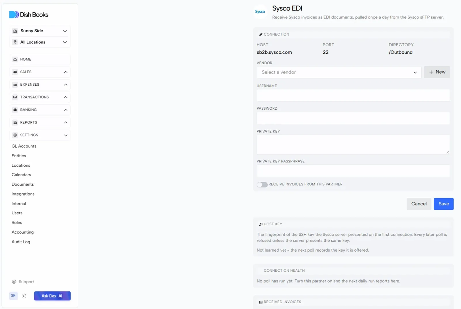 The Sysco EDI connection form with host, port, directory and credential fields