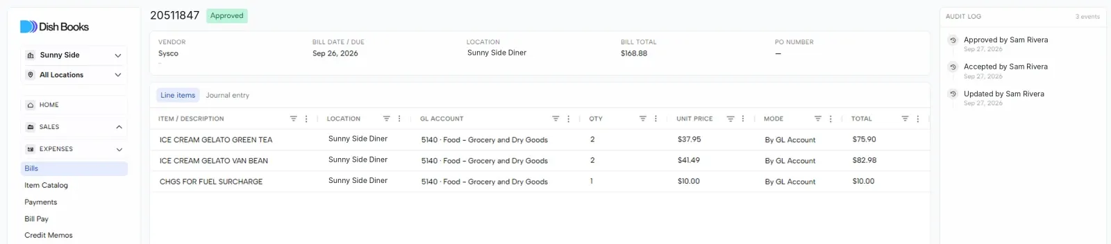 A Sysco bill with line items and GL accounts