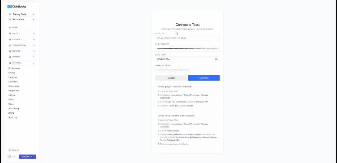 The Connect to Toast screen with Client ID, Client secret, Sync from and Webhook secret fields