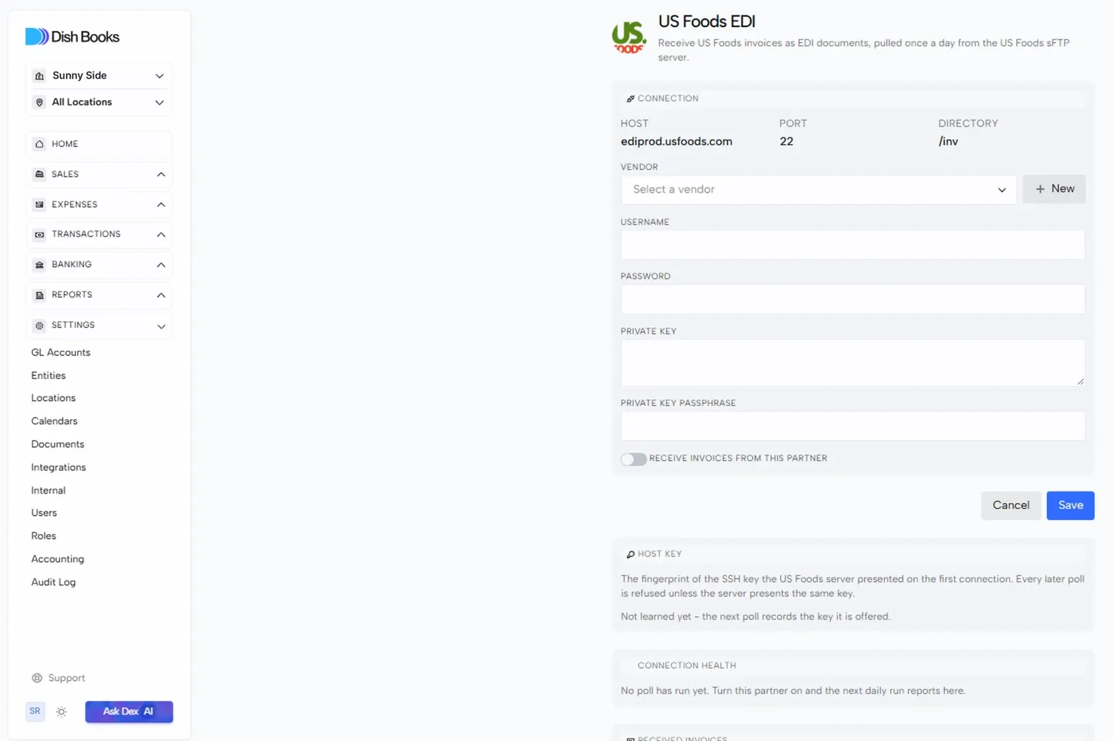 The US Foods EDI connection form with host, port, directory and credential fields