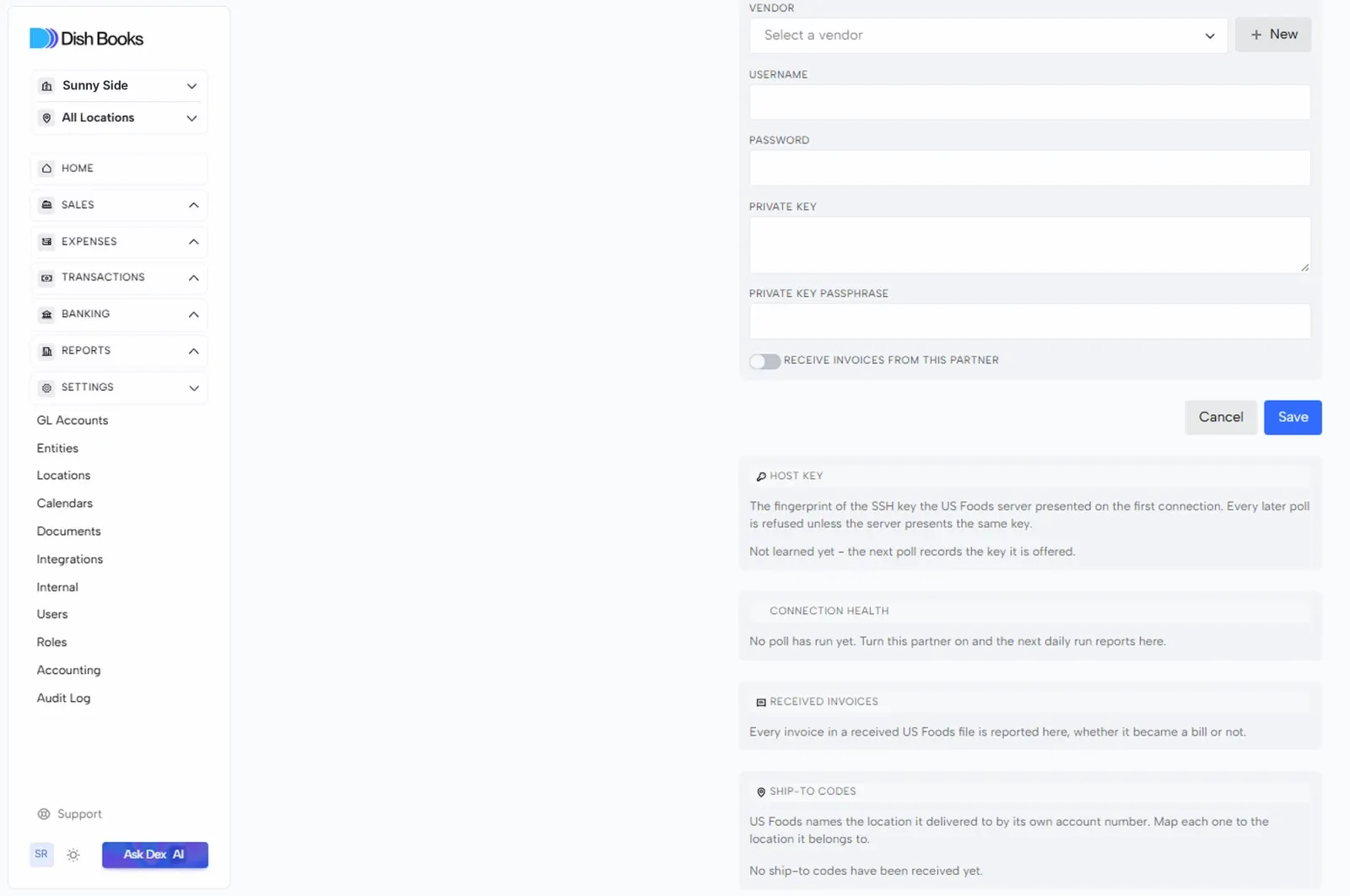 The lower part of the US Foods EDI page with the Ship-to codes section
