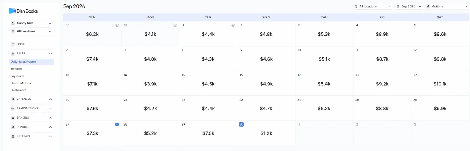 The Daily Sales Report calendar showing net sales for each day of the month
