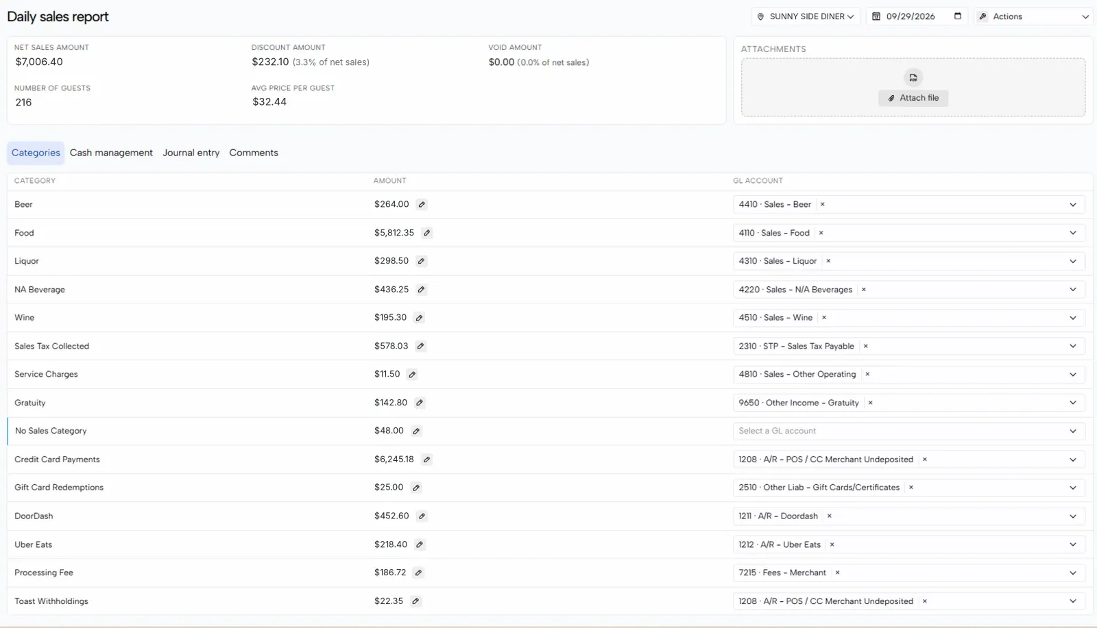 The Categories tab listing each sales category with its amount and GL account