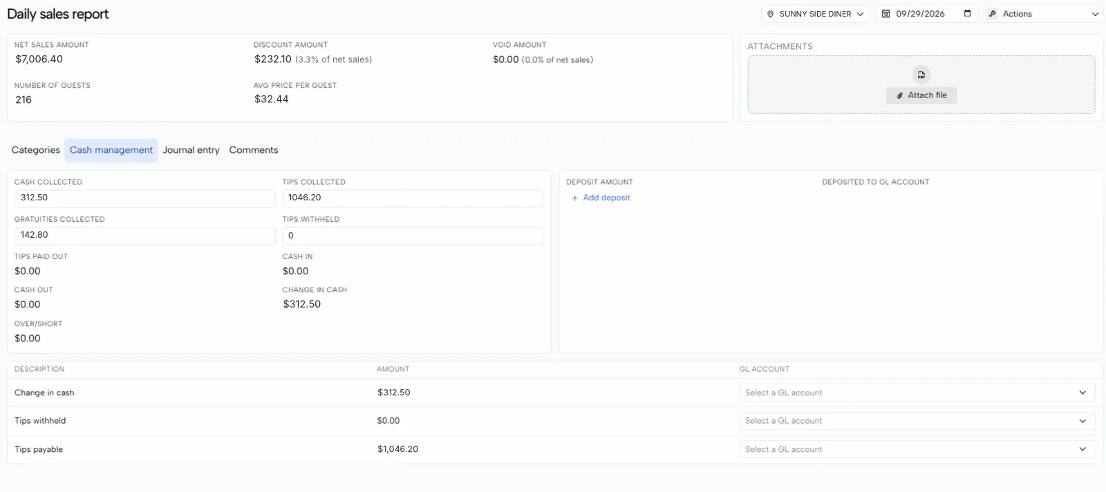 The Cash management tab with cash, tips and gratuities collected and lines for GL accounts