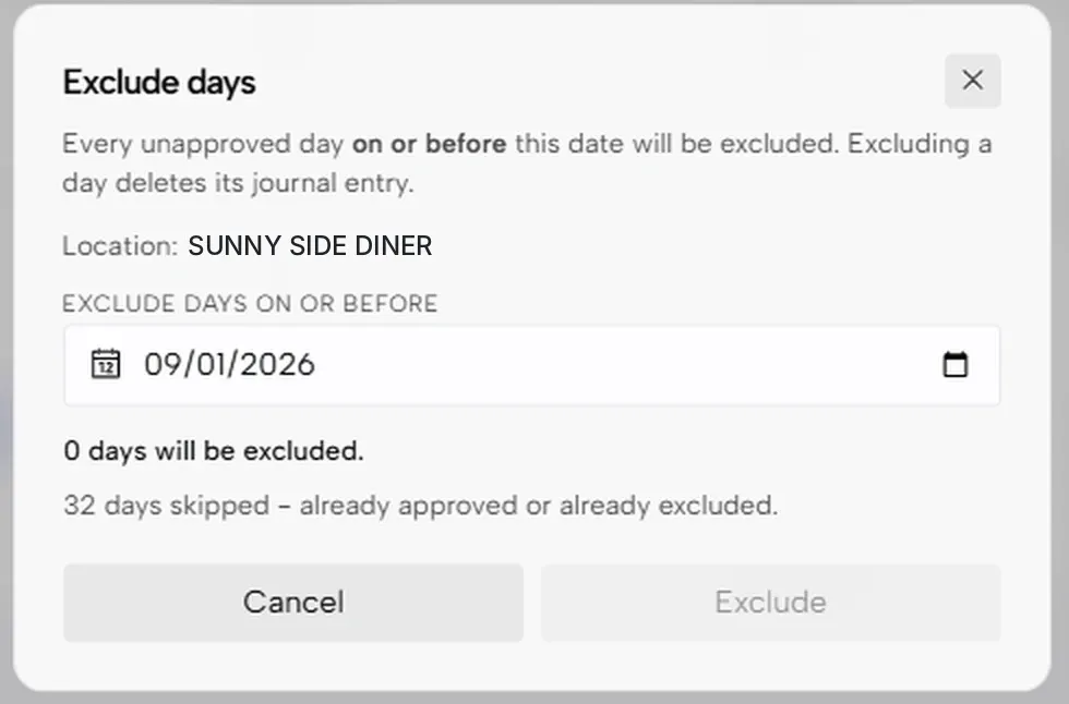 The Exclude days window with a date picker and a count of days excluded and skipped