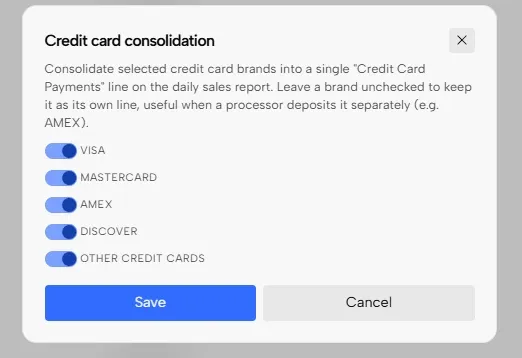 The Credit card consolidation window with a toggle for each card brand