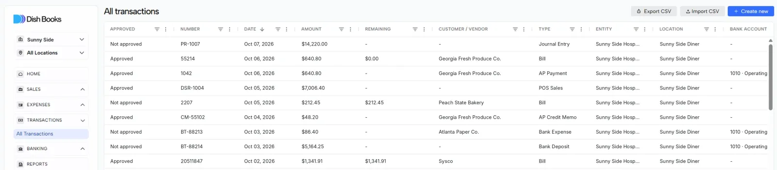 The All transactions list with columns for approval, number, date, amount, type and location