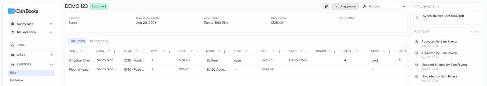 A bill opened from the list, with its line items and audit log