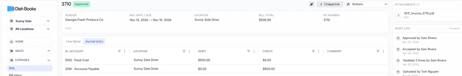 The Journal entry tab of a bill showing a debit to Food Cost and a credit to Accounts Payable