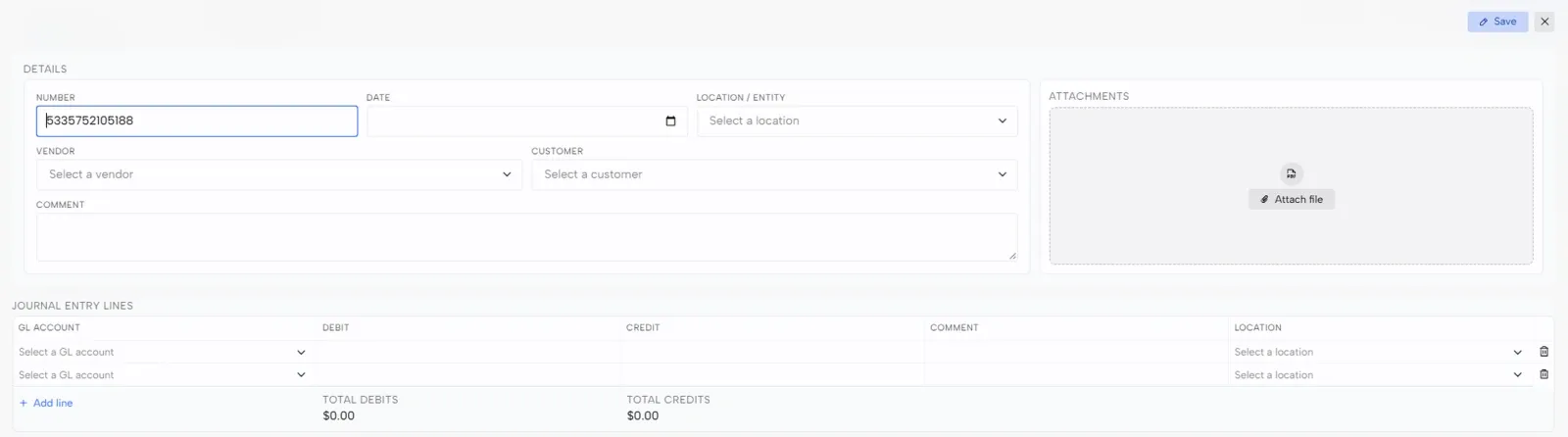 The new journal entry form with details, attachments and journal entry lines