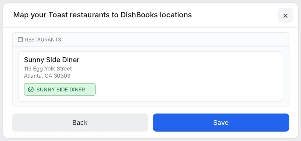 The Toast restaurant-to-location matching window with Sunny Side Diner matched