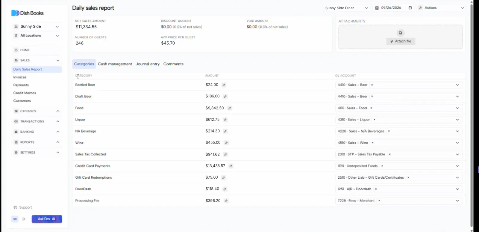 The Categories tab listing each POS sales category with a GL account to choose