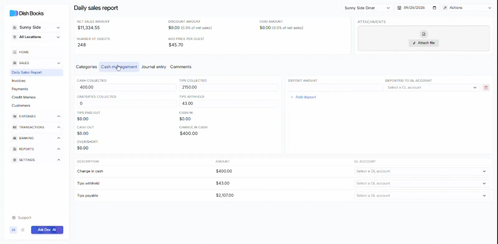 The Cash management tab with GL account choices for change in cash, tips withheld and tips payable