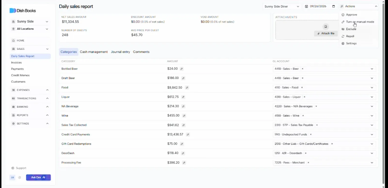 The Actions menu on the Daily Sales Report with Exclude available