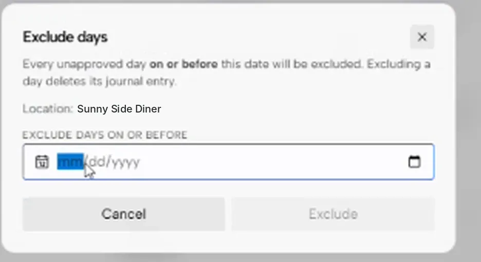 The Exclude days dialog with a date field and Exclude button