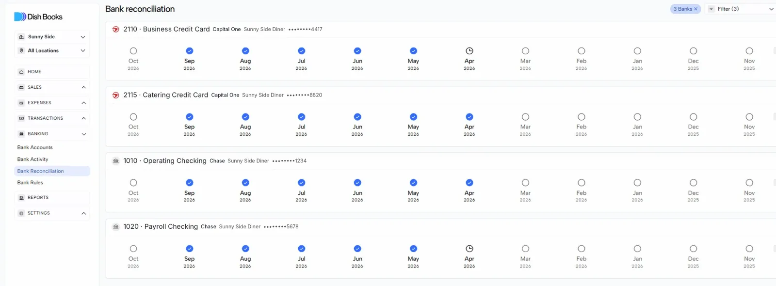 The Bank reconciliation overview with a card and month timeline for each account