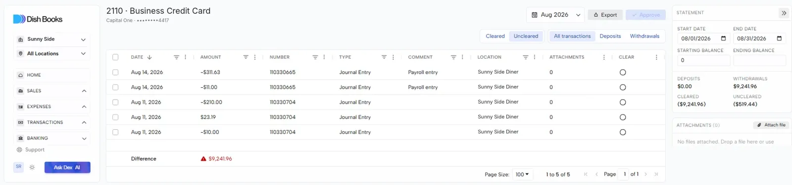 An in-progress reconciliation with the transaction list and Statement panel