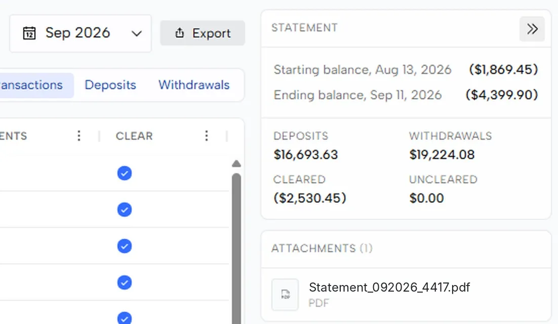 An approved reconciliation showing the month, Export button, statement balances and attached statement file