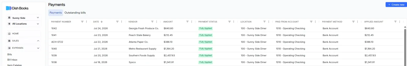 The Payments list with vendor, amount, location, paid-from account and applied amount