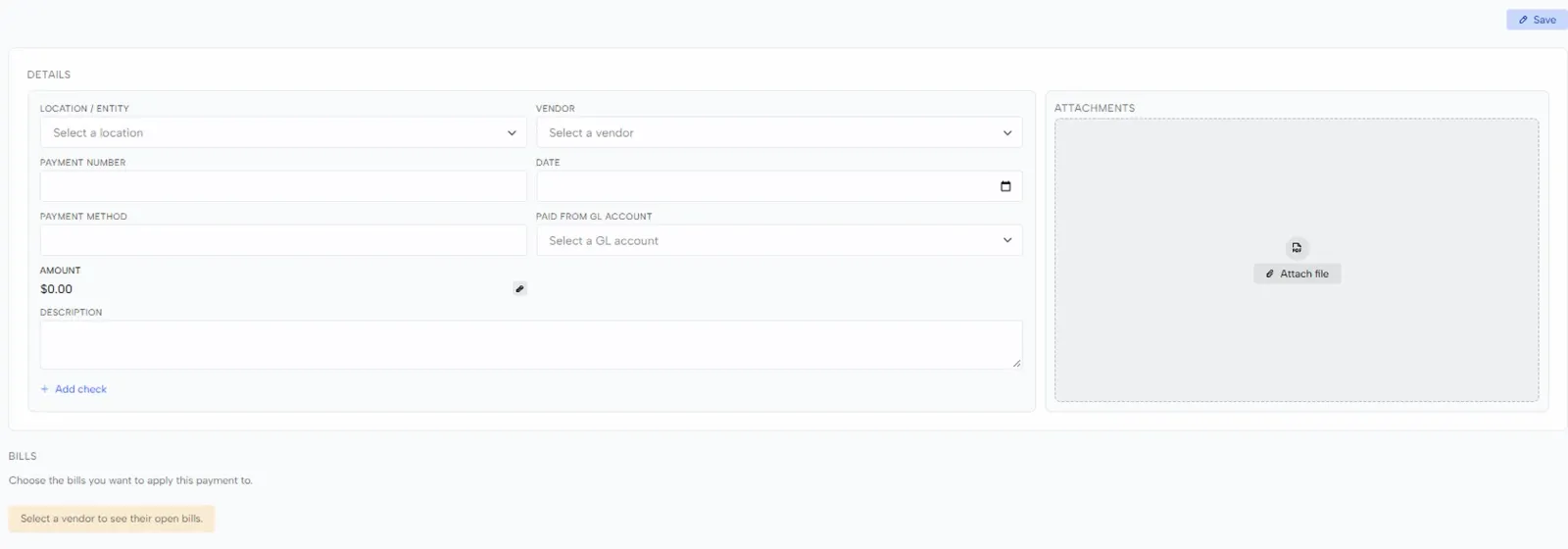 The new payment form with location, vendor, payment number, date, method, paid-from account and bills