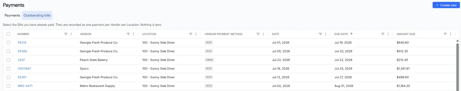 The Outstanding bills tab listing unpaid bills with checkboxes
