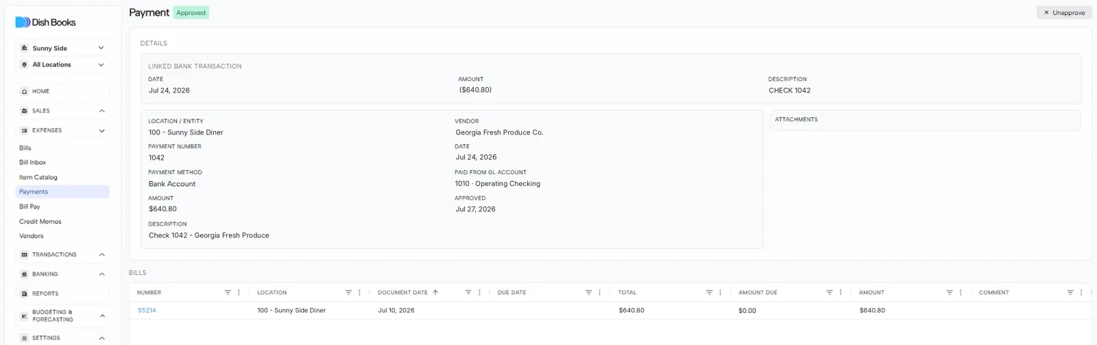 An approved payment showing the linked bank transaction, details and the bills it covers