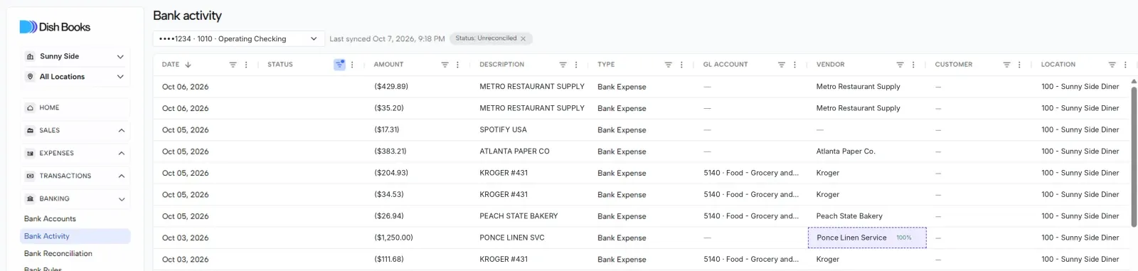 The Bank activity list filtered to one account