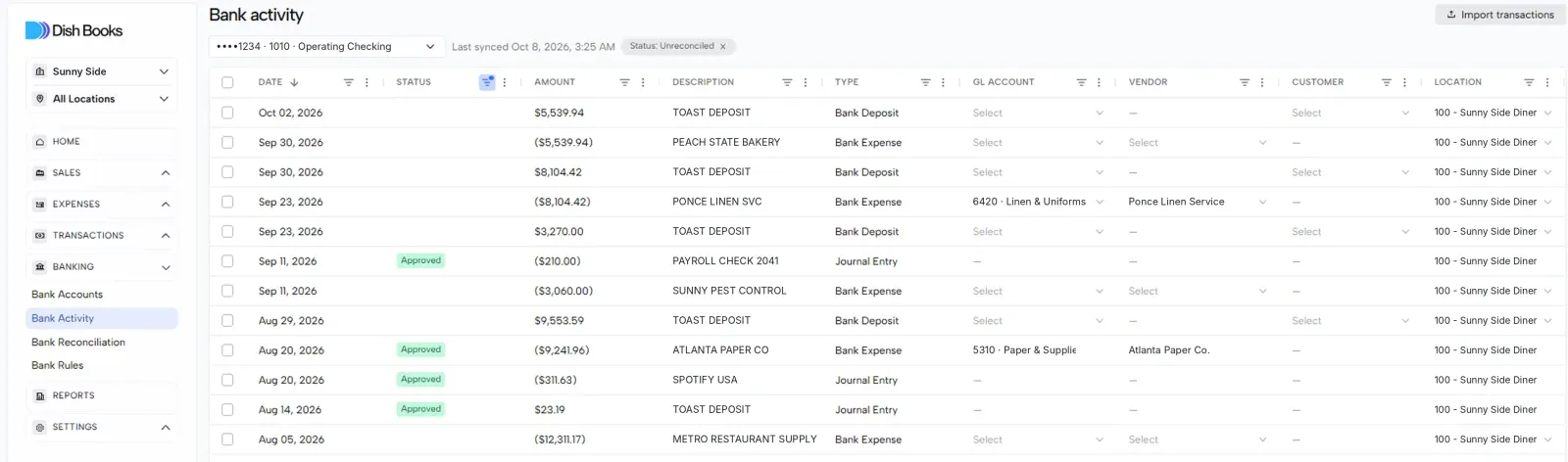 Bank activity lines with GL account, vendor and status filled in