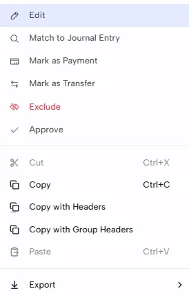 The right-click menu on a bank line with Edit, Match to Journal Entry, Mark as Payment, Mark as Transfer, Exclude and Approve