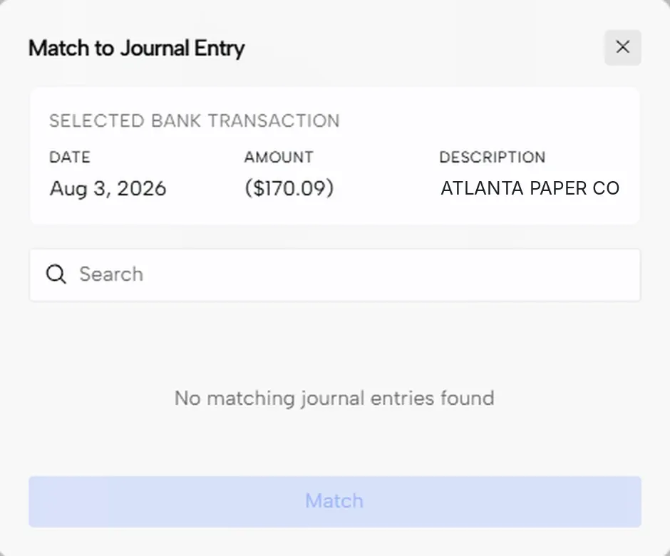 The Match to Journal Entry window showing the selected bank transaction and a search box