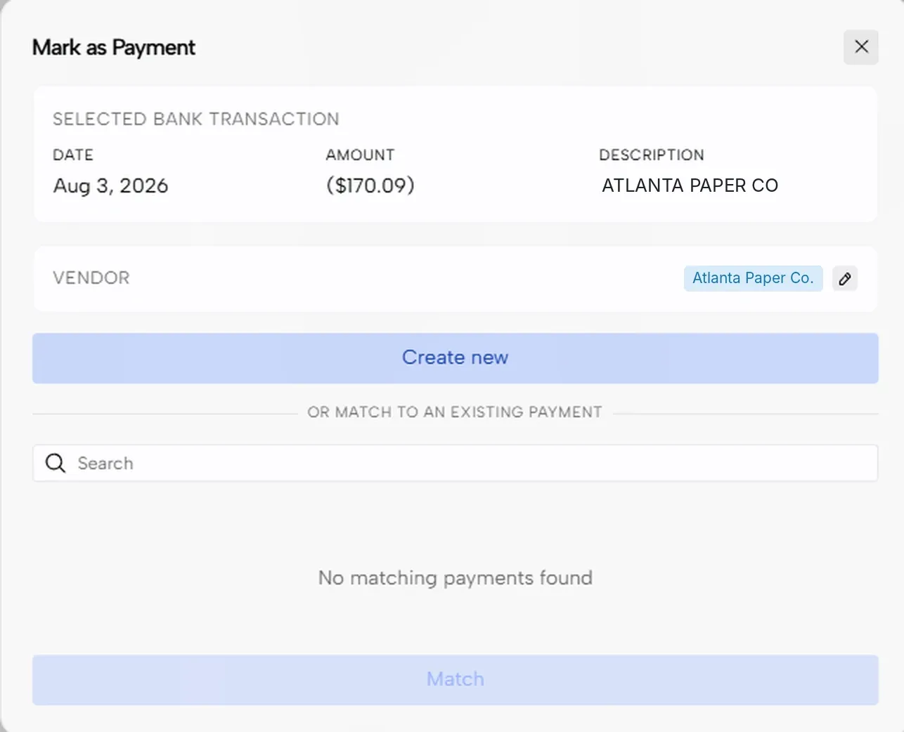 The Mark as Payment window with the vendor, Create new and an existing payment search
