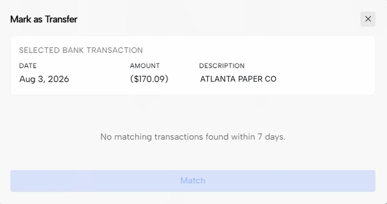 The Mark as Transfer window listing matching transactions within 7 days
