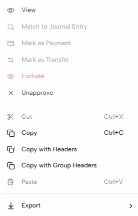 The right-click menu on an approved line with View and Unapprove, and matching options grayed out
